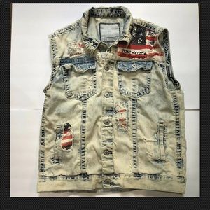 90s Distressed Denim Vest US Flag Mens XL